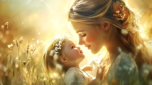 Mother and Daughter Portrait with Backlighting in Golden Hour Garden Setting