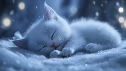 White Cat Resting on Snow Surface.