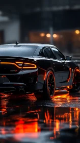 Midnight muscle car ignites neon-soaked rain street glow.