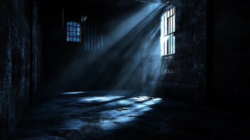 Abandoned warehouse interior sliced by cold window light.