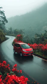 Red car glides along misty mountain road lined with vivid blooms