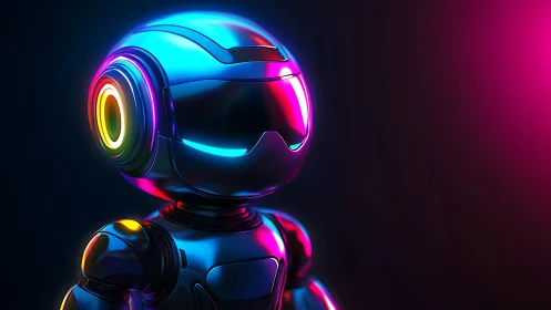 Neon-laced mini robot basking in cyberpunk glow and wonder.