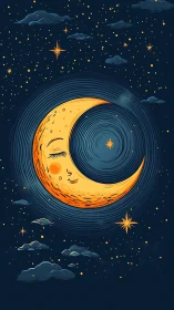 Sleeping crescent moon glows within swirling night sky