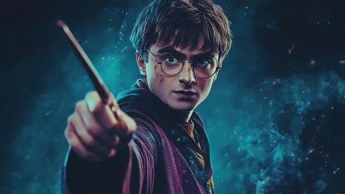 Young wizard raises wand toward viewer amid swirling magic