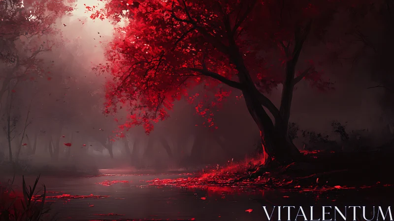 Crimson riverbank hums quietly beneath a lantern-bright tree