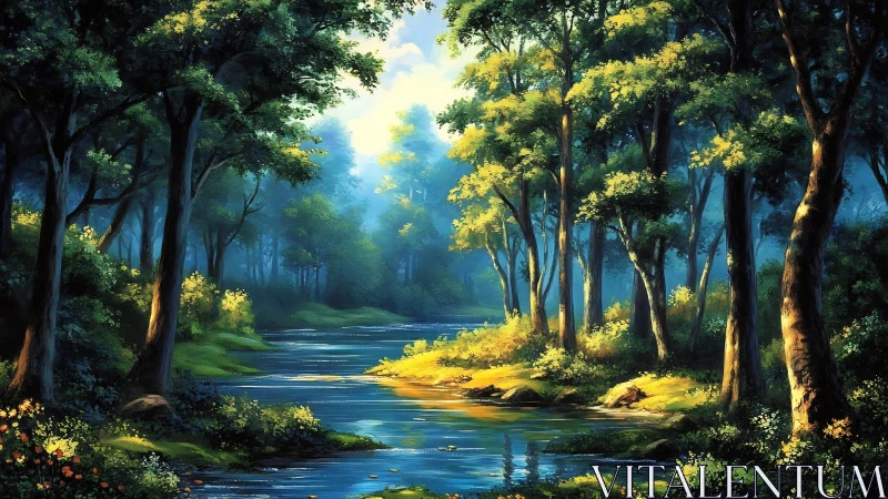 Luminous Forest Stream: Chiaroscuro Landscape with Directional Filtering.