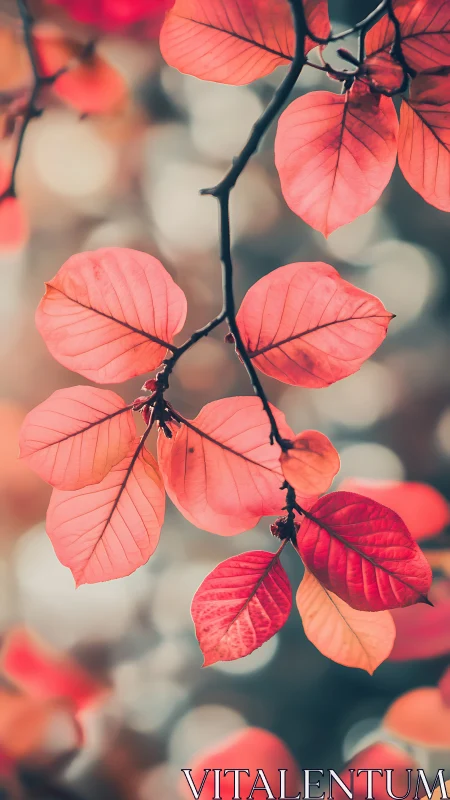 Shallow depth-of-field study of pink autumn leaves on thin branch