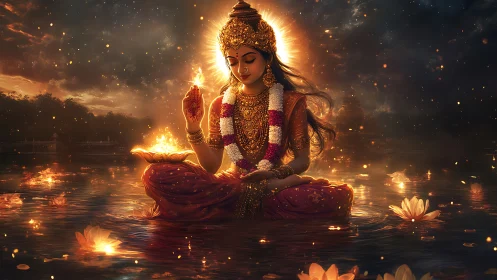 Digital rendering shows seated deity figure with water and light