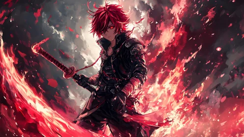 Red haired swordsman in black coat amid swirling flames.