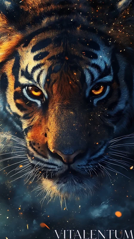 Digital painting close-up of tiger portrait with ember effects.