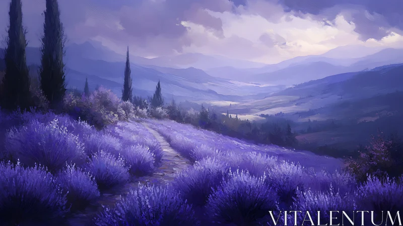Lavender dreamway winding through misty violet highlands.