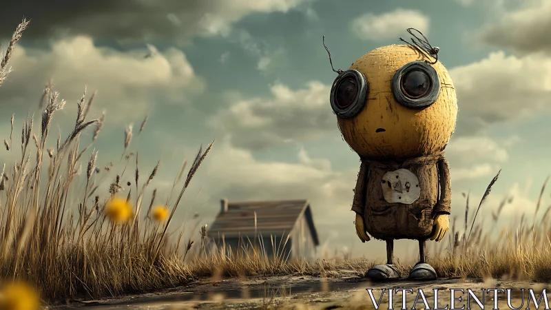 Small stylized figure stands in rural field under cloudy sky