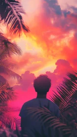 Silhouette observes dense tropical foliage under saturated sky