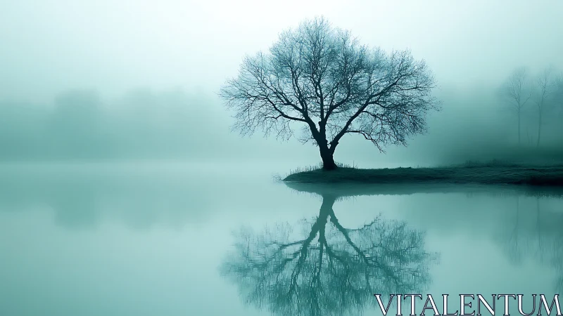 Solitary deciduous tree stands on misted lakeshore with reflection