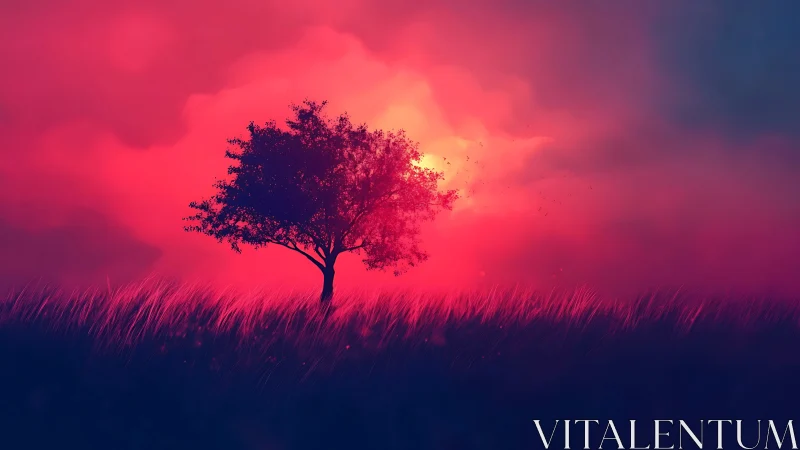 Solitary dusk tree drinking fire from a neon horizon.