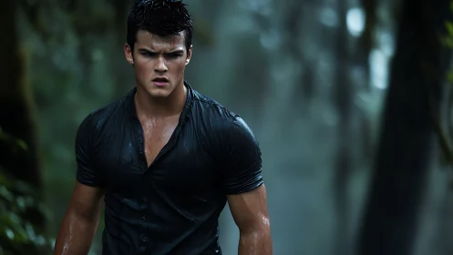 Intense male portrait in rain-soaked jungle environment.