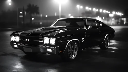 Classic black SS muscle car is parked on wet pavement