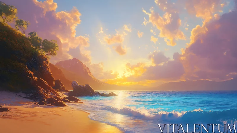 Sunlit waves whisper softly beneath cotton candy clouds