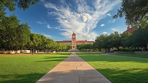 Symmetrical campus walkway toward central tower at golden hour.
