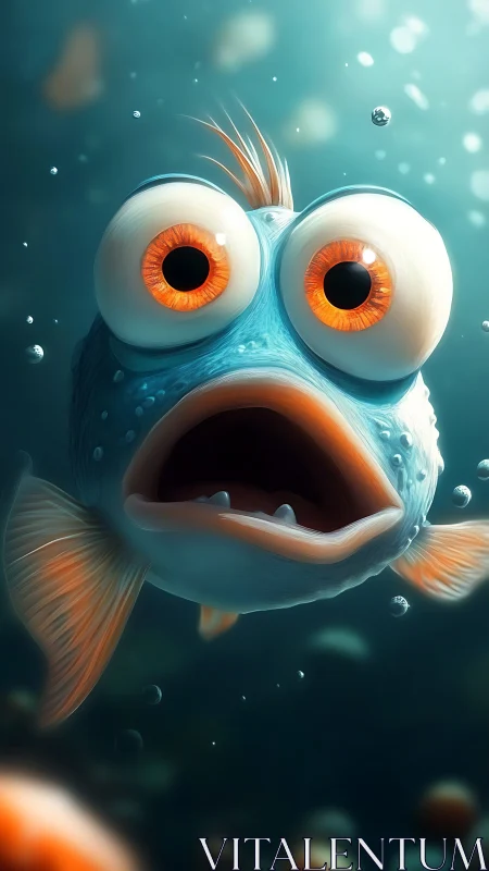 Cartoon-style blue fish with enlarged orange eyes underwater.