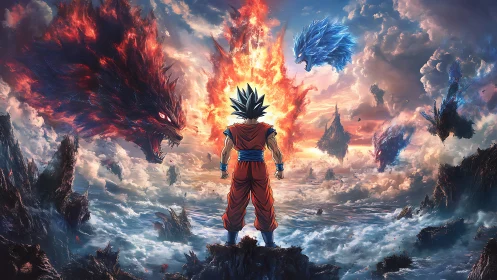 Warrior facing elemental beast forms in stormy seascape.