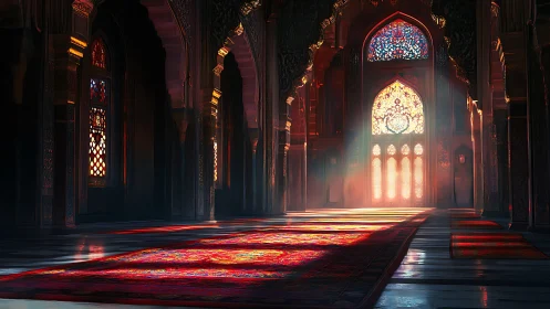 Sunlit Persian hall with stained glass arches and carpets.