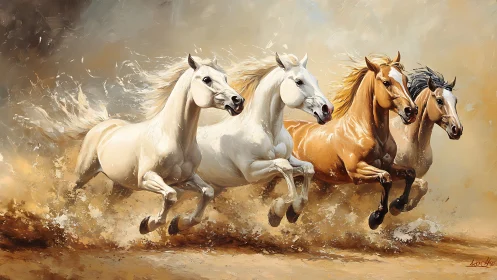 Galloping horses charge through dust in dynamic oil painting.
