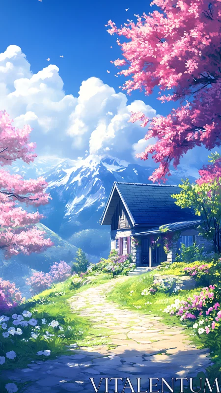 Spring mountainside cottage beneath radiant cherry blossoms.