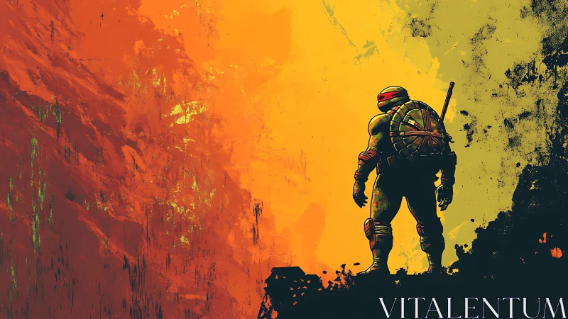 Armored turtle warrior silhouette on abstract cliff edge.