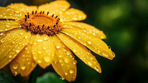 Yellow flower with orange center covered in water droplets.
