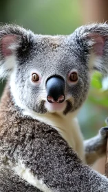 Curious koala gazes softly at the camera in gentle daylight