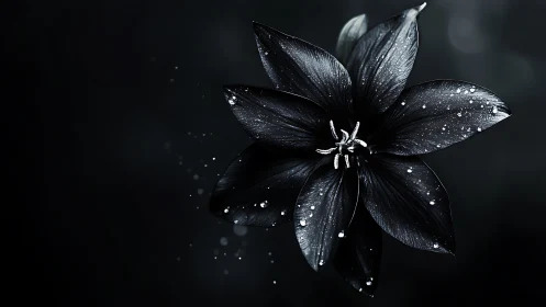 Black Petals Glistening with Dewdrops and Light.