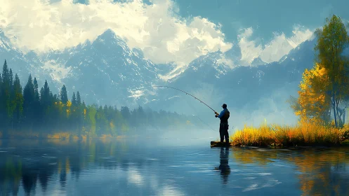 Lone fisherman on calm mountain lake under bright sky.
