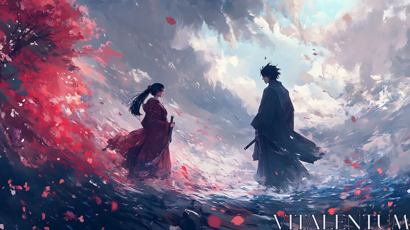 Digital painting duel of samurai silhouettes in storm of petals.
