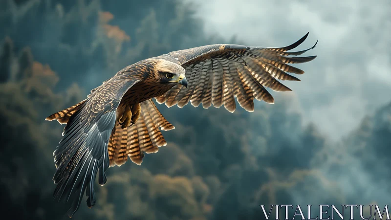 Majestic Hawk in Flight Over Misty Forest, Realistic Nature Art.