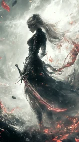 Warrior silhouette holds burning sword amid swirling ash