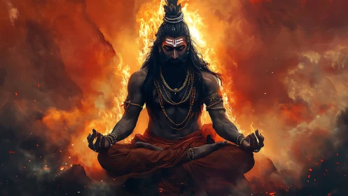 Fiery yogi sits in calm meditation within swirling flames