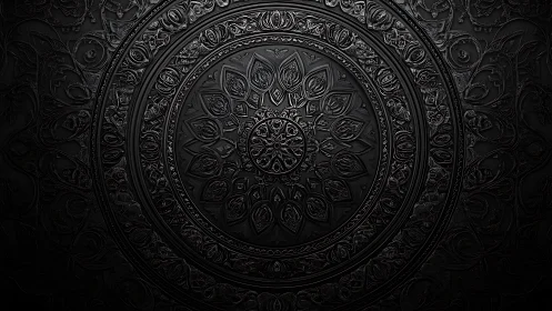 Midnight mandala medallion carved in shadowed black depths.