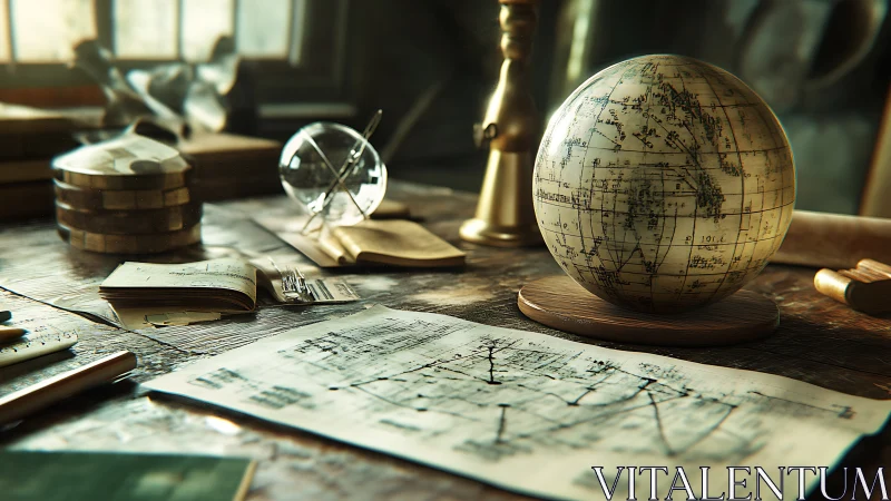 Vintage globe on cluttered wooden desk with maps and tools.