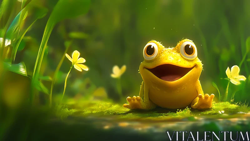 Bright-eyed yellow frog enjoys a sunlit forest clearing