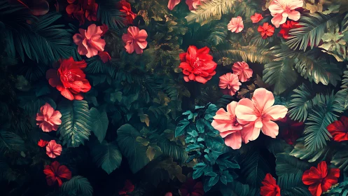 Tropical Floral Composition with Red and Pink Blooms