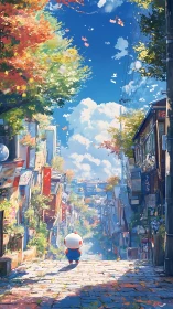 Autumn hillside alley with chibi figure under vibrant cobalt sky