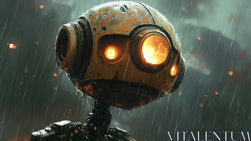Gentle round-eyed robot gazes softly through the rainy night