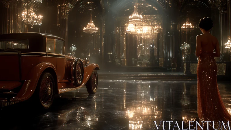 Photorealistic Art Deco ballroom with vintage coupe and figure.