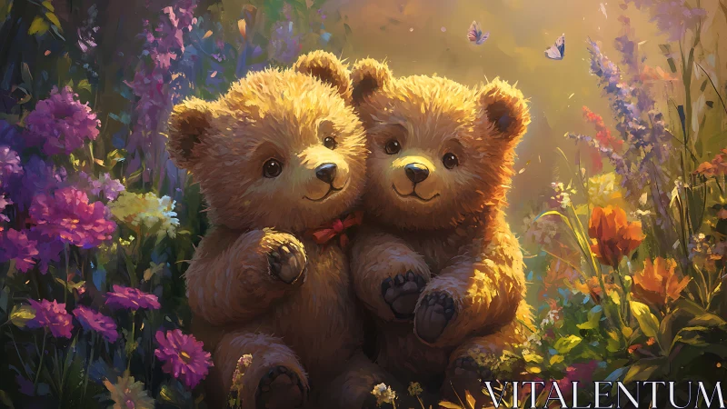 Twin teddy bears glowing in a sunlit wildflower garden.