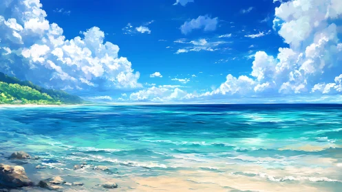 Sunlit shoreline under storybook clouds and turquoise sea.