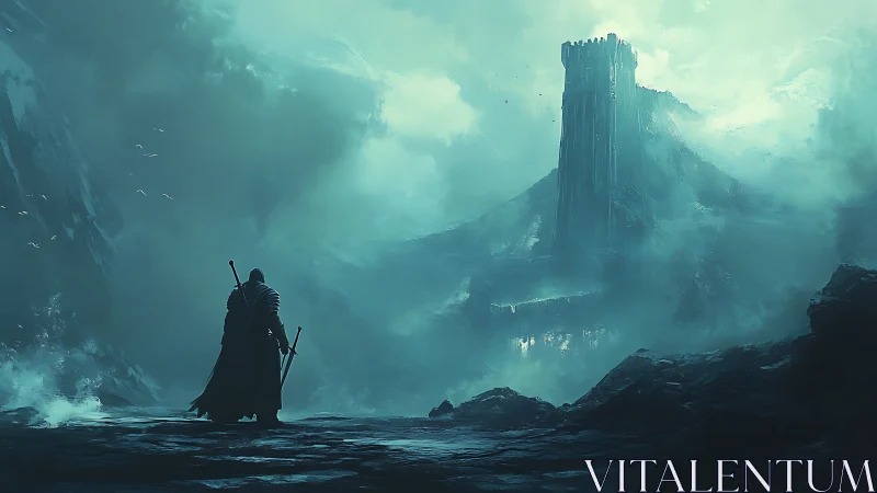 Solitary cloaked warrior before storm-shrouded fortress.