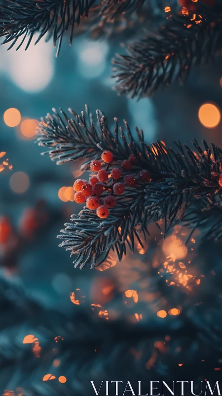 Frosted pine branch holds red berries against blurred lights