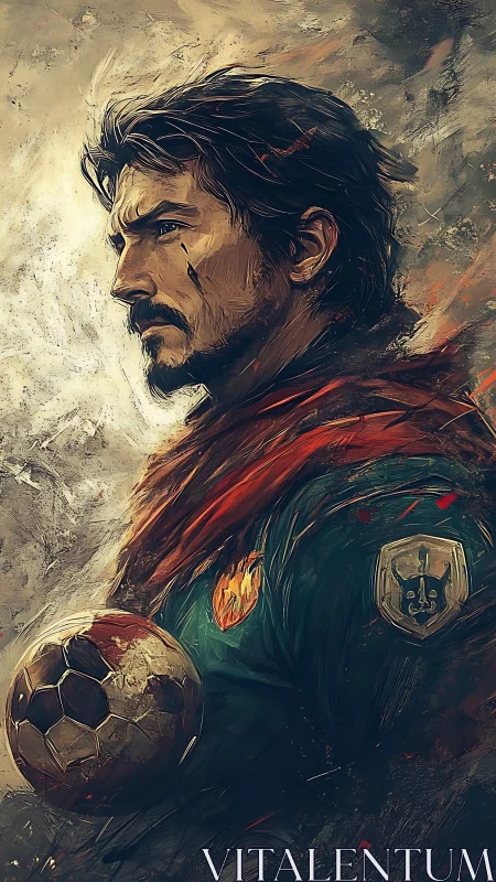 Battle-scarred footballer in heroic side profile digital portrait