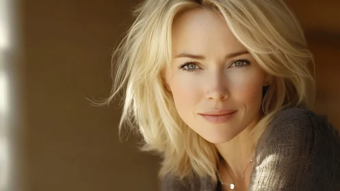 Blonde woman gazes into camera under soft natural light